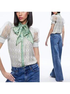 NEW Alice + Olivia Tie Neck Puff Sleeves Floral Print Top Green Size:Extra Small